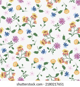 Light coloured pattern. Vector floral seamless texture. Abstract background with simple small colorful flowers, leaves. Liberty style wallpapers. Elegant repeat design for decor, fabric, print