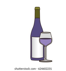 light coloured silhouette with bottle of purple wine and glass vector illustration