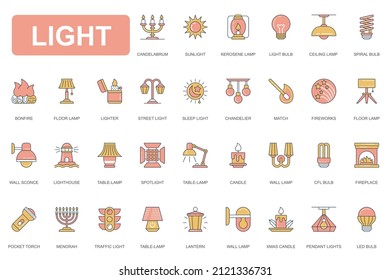 Light concept simple line icons set. Pack outline pictograms of candelabrum, sunlight, kerosene lamp, firework, spotlight, light bulb, candle and other. Vector elements for mobile app and web design