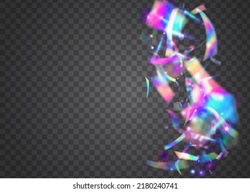 Light Confetti. Glitch Effect. Kaleidoscope Glitter. Laser Carnaval Backdrop. Festive Art. Flying Foil. Disco Banner. Blue Metal Tinsel. Violet Light Confetti