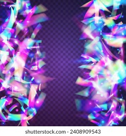 Light Confetti. Glitch Effect. Pink Laser Glare. Luxury Art. Fantasy Foil. Metal Banner. Transparent Background. Party Celebrate Gradient. Violet Light Confetti