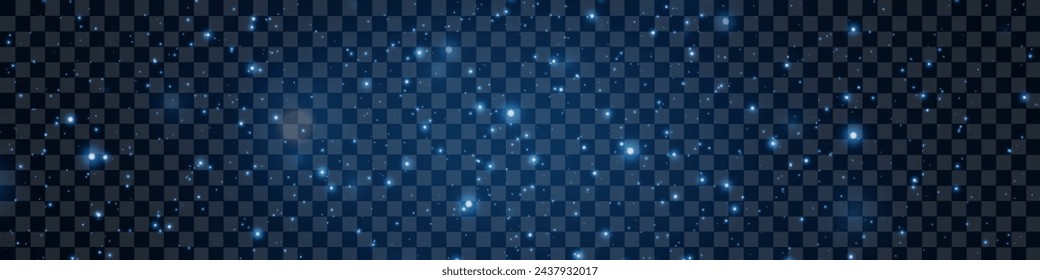 Confeti claro y luces azules brillantes. Partículas de polvo y luz. Sobre un fondo transparente.