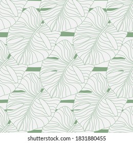 Light contoured monstera leaf ornament seamless pattern. Outline foliage palm leafs on striped background. Decorative backdrop for fabric design, textile print, wrapping, cover. Vector illustration.