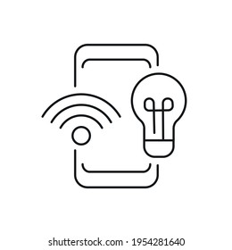 Light control by phone linear icon. Smart house. Thin line customizable illustration. Contour symbol. Vector isolated outline drawing. Editable stroke