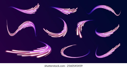 Light cool whirlwind. Vector sparkle, png, effect, wave,neon,line. Abstract circle, white color glowing lines background. Curve white line light effect. 