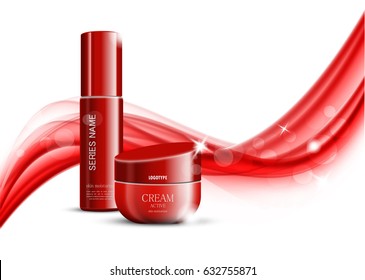 Light cosmetic design template with red realistic skin moisturizer and body cream on wavy soft dynamic lines background. Vector illustration