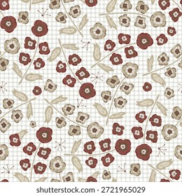 Light cottagecore vector floral sprigs on gingham texture. Vector seamless background pattern. Hand-drawn tossed red green flowers on black backdrop . Grandmillenial granny chic packaging, giftwrap.
