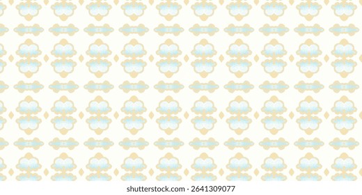 Light cream and baby blue symmetrical pattern with delicate floral motifs. Perfect for interior decor and stationery. Seamless, cream, blue, floral, pattern.