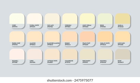 Light Cream Color Palette, Light Cream Color Guide Palette with Color Names. Cream Colour with RGB HEX codes and Names. Light Cream Colors Palette Vector, Fashion Trend Creams Color Palette