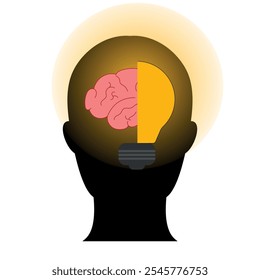 Light creative idea bulb with brain in human head	