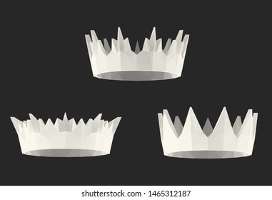 Light Crown. Set of Isolated White Crowns on Black Background. Low Poly Vector 3D Rendering