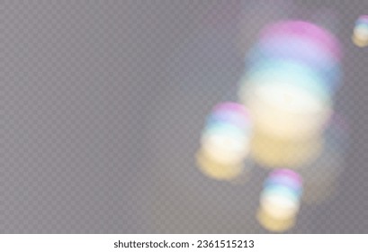 Efecto cristal claro, vidrio, brillo prismático, resplandor, reflexión. Luces ópticas de arco iris, resplandor, fugas, superposición de banda. caía confetti. Lentes vectoriales coloridas vectoras y bengalas luminosas.