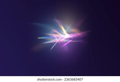 Licht Kristalleffekt, Glas, Prismenglanz, Glanz, Reflexion. Optische Regenbogenlichter, Drüsen, Lecks, Bandüberschneidungen. fallender Konfetti. Vektorfarbige Vektorlinsen und helle Aktöne.