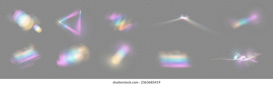 Light Crystal effect, glass, prism shine, glare, reflection. Optical rainbow lights, glare, leaks, band overlap. falling confetti. Vector colorful vector lenses and light flares.