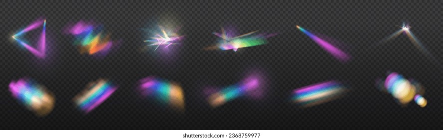 Efecto cristal claro, vidrio, brillo prismático, resplandor, reflexión. Luces ópticas de arco iris, resplandor, fugas, superposición de banda. caía confetti. Lentes vectoriales coloridas vectoras y bengalas luminosas.