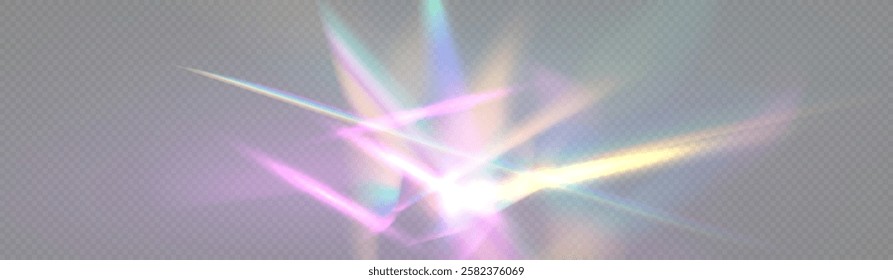 Light Crystal effect, glass, prism shine, glare, reflection. Optical rainbow lights, glare, leaks, band overlap. falling confetti. Vector colorful vector lenses and light flares.