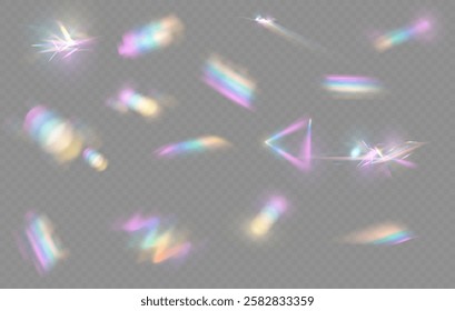 Light Crystal effect, glass, prism shine, glare, reflection. Optical rainbow lights, glare, leaks, band overlap. falling confetti. Vector colorful vector lenses and light flares.