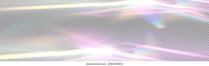Light Crystal effect, glass, prism shine, glare, reflection. Optical rainbow lights, glare, leaks, band overlap. falling confetti. Vector colorful vector lenses and light flares.