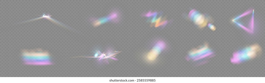 Light Crystal effect, glass, prism shine, glare, reflection. Optical rainbow lights, glare, leaks, band overlap. falling confetti. Vector colorful vector lenses and light flares.
