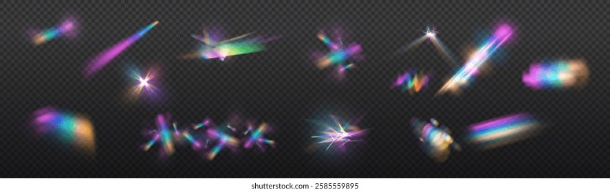 Light Crystal effect, glass, prism shine, glare, reflection. Optical rainbow lights, glare, leaks, band overlap. falling confetti. Vector colorful vector lenses and light flare