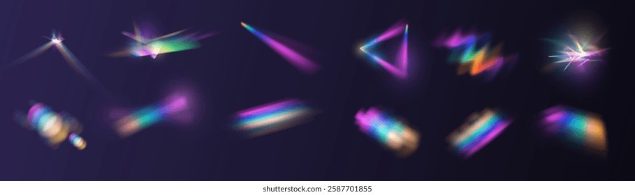 Light Crystal effect, glass, prism shine, glare, reflection. Optical rainbow lights, glare, leaks, band overlap. falling confetti. Vector colorful vector lenses and light flares.