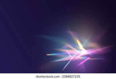 Light Crystal effect, glass, prism shine, glare, reflection. Optical rainbow lights, glare, leaks, band overlap. falling confetti. Vector colorful vector lenses and light flares.