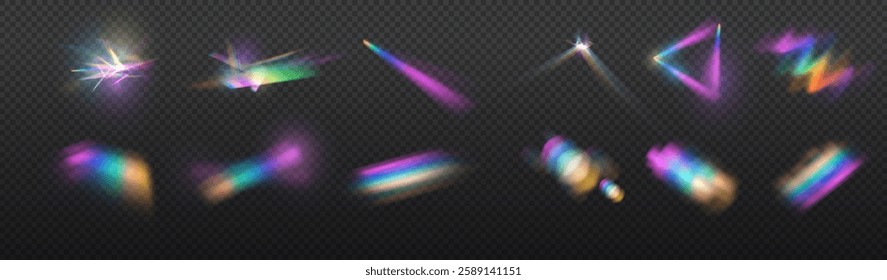 Light Crystal effect, glass, prism shine, glare, reflection. Optical rainbow lights, glare, leaks, band overlap. falling confetti. Vector colorful vector lenses and light flares.