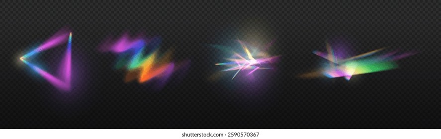 Light Crystal effect, glass, prism shine, glare, reflection. Optical rainbow lights, glare, leaks, band overlap. falling confetti. Vector colorful vector lenses and light flares.