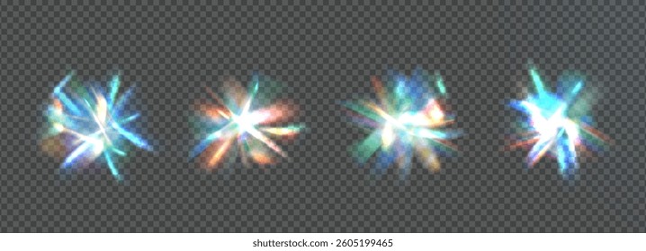 Light crystal prism sparkles set. Flare glow effect with diamond iridescent glass shine. Abstract glare magic ray. Spark flares prisms. Spectrum burst beams and space particles. Vector blink isolated.