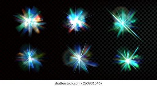 Light crystal prism sparkles set. Flare glow effect with diamond iridescent glass shine. Abstract glare magic ray. Spark flares prisms. Spectrum burst beams and particles. Vector blink isolated.