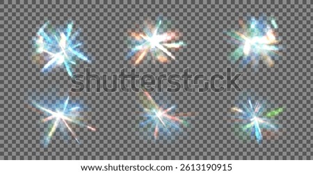 Light crystal prism sparkles set. Flare glow effect with diamond iridescent glass shine. Abstract glare magic ray. Spark flares prisms. Spectrum burst beams and particles. Vector blink isolated.