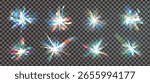 Light crystal prism twinkles set. Flare glow effect with diamond iridescent glass shine. Abstract glare fantasy ray. Spark flares prisms. Spectrum burst beams and particles. Vector blink isolated.