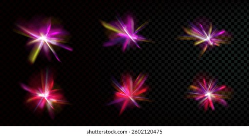 Light crystal sparkles set. Flare prism effect. Diamond iridescent glass shine. Abstract glare magic glow. Spark flares. Spectrum red purple burst beams. Vector flash illustration isolated.