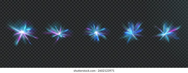 Light crystal sparkles set. Flare prism effect. Diamond iridescent glass shine. Abstract glare magic glow. Spark flares. Spectrum burst beams and particles. Vector blue purple flash isolated.