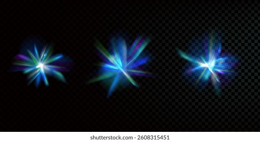 Light crystal sparkles set. Flare prism effect. Diamond iridescent glass shine. Abstract glare magic glow. Spark flares. Spectrum burst beams and particles. Vector flash illustration isolated.