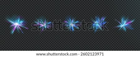 Light crystal sparkles set. Flare prism effect. Diamond iridescent glass shine. Abstract glare magic glow. Spark flares. Spectrum burst beams and particles. Vector blue purple flash isolated.