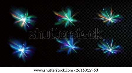 Light crystal sparkles set. Flare prism effect. Diamond iridescent glass shine. Abstract glare magic glow. Spark flares. Spectrum burst beams and particles. Vector green blue flash isolated.