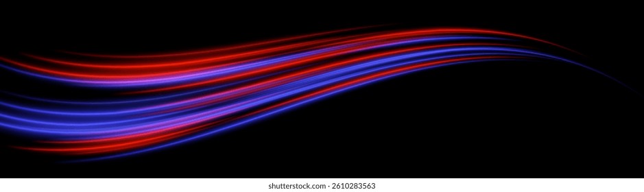 Light curve stream. Red and blue arcs form sweeping circular trail on black background. Smooth neon motion, digital glow shape.