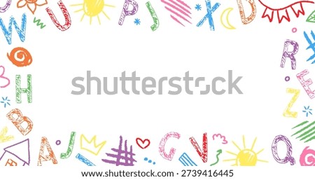 Light and cute hand drawn frame with crayon texture and naive shapes. Frame crayon kindergarten illustration created for kids designs, preschool graphics and playful backgrounds.