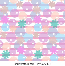 Light cute seamless pattern for kids with flowers, bubbles and stripes. Vector illustration.