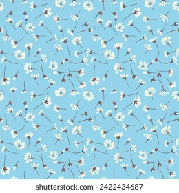 Light, cute, tiny, ditsy flowers pattern. Seamless small white floral field on a blue background. Vector hand drawn sketch. Template for design, fashion, fabric, printing, textile, wallpaper