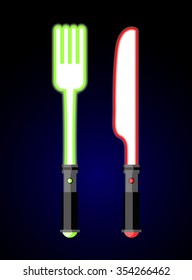 light cutlery. Knife and fork in  style of future star war. Glow plug power. Handle with button. Space set devices for food
