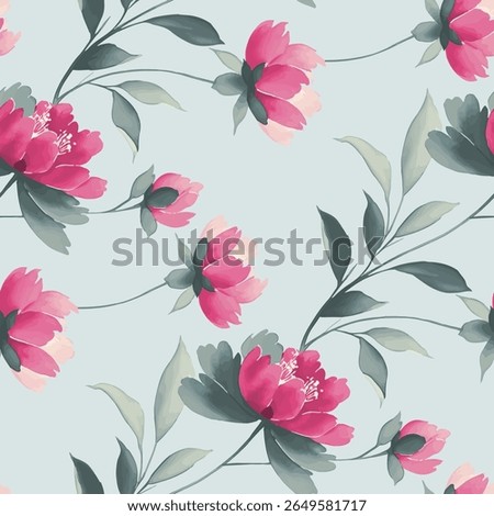 A light cyan background is filled with a repeating pattern of pink peonies. The flowers have soft, overlapping petals, with a gradient of light pink fading to a darker, more saturated pink.