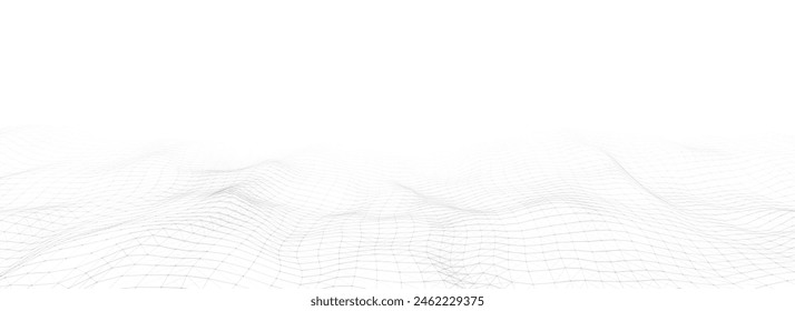 Light cyberspace in digital background. Vector abstract technology white wave with motion dots and lines. Connection big data. Futuristic wireframe texture. Analysis a network connection.