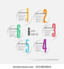 Light cycle progress steps template with descriptions icons and big color numbers on circles with white background. Multipurpose progress infochart template 