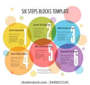 Light cycle progress steps template with descriptions icons and big color numbers on circles. Multipurpose progress infochart template with pastel color circles. 