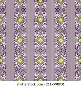 Light damask pattern. Seamless print of vertical floral patterns and stripes in pink and lilac colors. Ideal for presenting your holiday or advertising design.