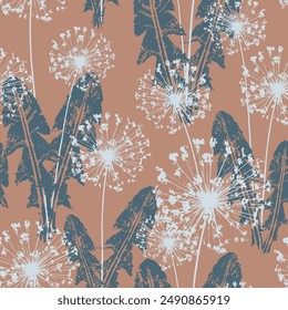 Dientes de león claros con hojas oscuras. Patrón sin fisuras en colores pastel retro. Siluetas de flores silvestres de prado. Vector. Diseño floral de verano para textiles para el hogar, interiores, ropa de cama, tela, envoltura