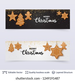 Light and dark banners with Gingerbread cookies. Christmas and New Year holiday template with greeting text.