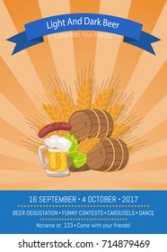 Light and dark beer, come with your friends. Image of wheat, wooden barrels, hop and drink with foam banner vector illustration on orange background